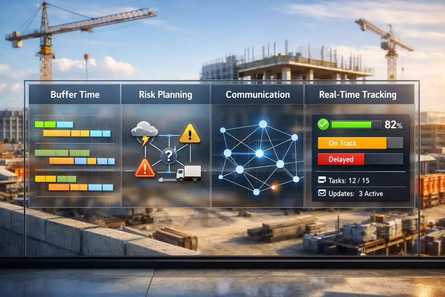 Construction schedule dashboard over active site showing workflows and tracking